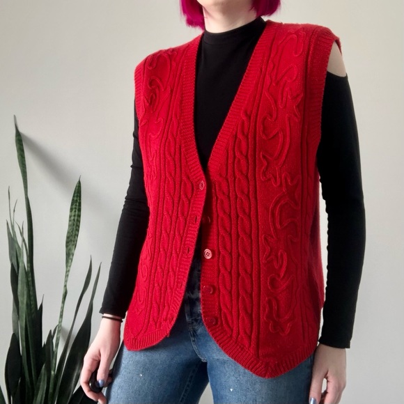 Vintage 1990s Alfred Dunner Oversized Red Wool Blend Cardigan Sweater Vest - Picture 2 of 7